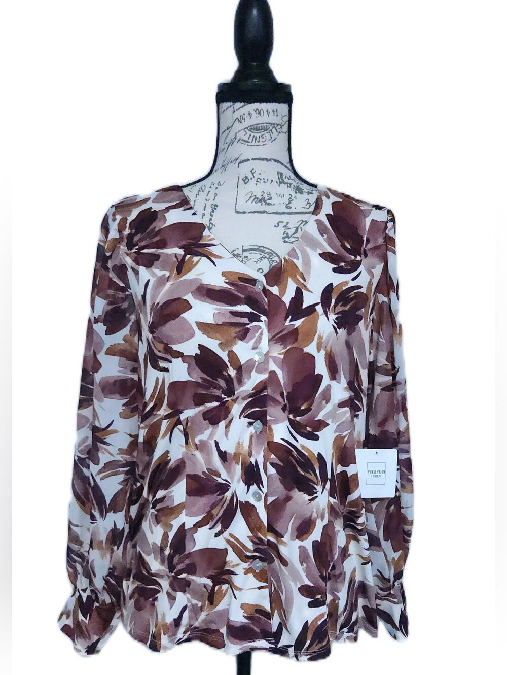 PerSeption Concept Abstract Floral Print Button Up Blouse Cream And Mauve Large